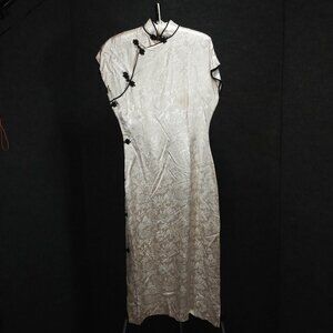 1950's Cream Silk Damask Wiggle Dress with Black Piping Made in Japan